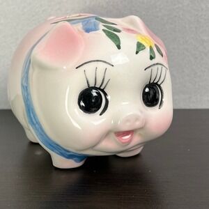 Vintage Ceramic Anthropomorphic Piggy Bank Hand Painted Floral Pink Blue White